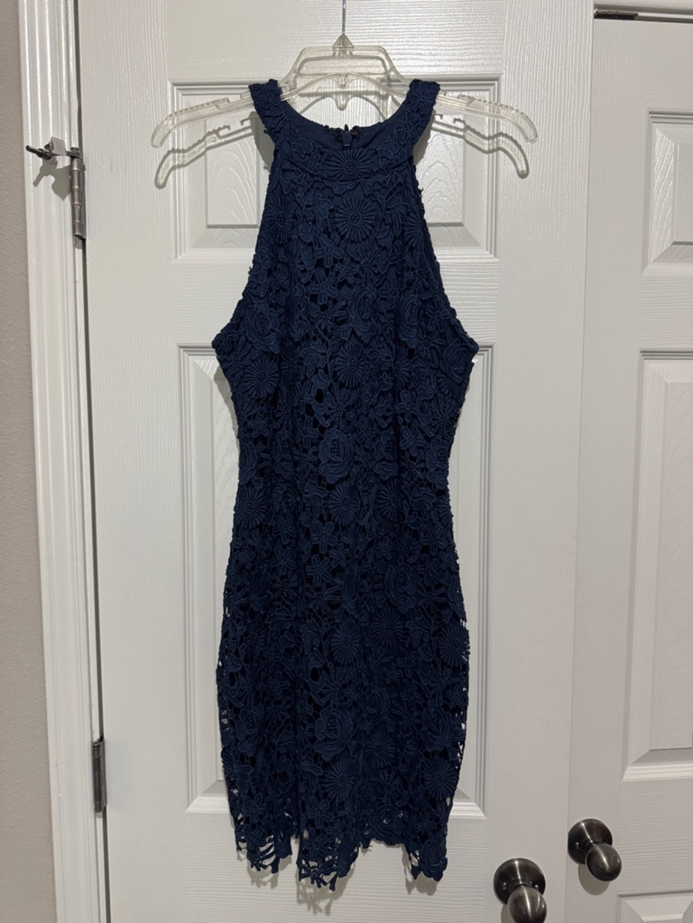 Lulu's Navy Crochet Lace Halter Midi Dress